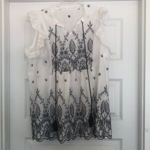 Shein White and Black Embroidered Sleeveless Blouse